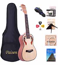 Paisen Panel de abeto ukelele de concierto de 23 pulgadas Hawaii Ukulele Hawaii Enviar con bolsa Sintonizador de bolsa Capo Selecciones de correa Juego completo de accesorios